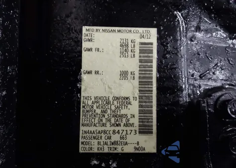 2012 Nissan Maxima 3.5 Sv z USA, uszkodzony, nr VIN 1N4AA5AP8CC847173